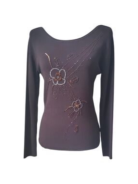 Ghida Style Embellished Floral Bead Knit Top Chocolate Brown Long Sleeve Size ML
